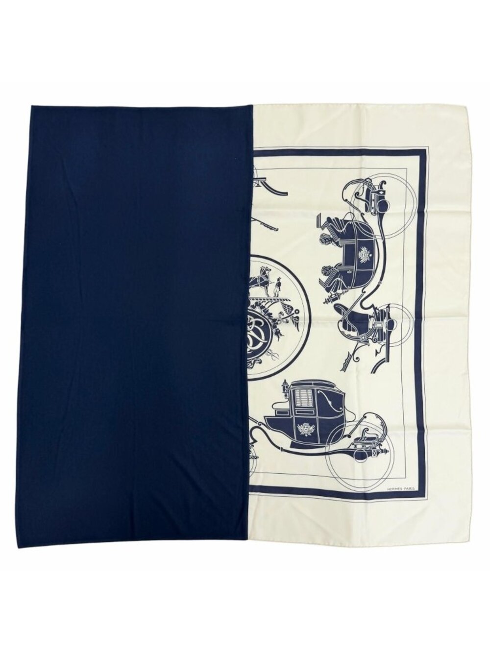 Hermes Carre H Hybrid 90 Ex-Libris Silk Ecru Marine Scarf